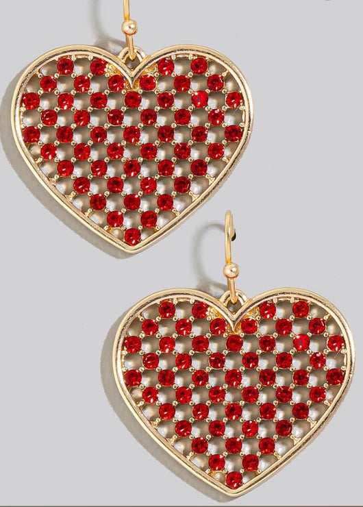 Red Heart Rhinestone & Gold Dangle Earrings