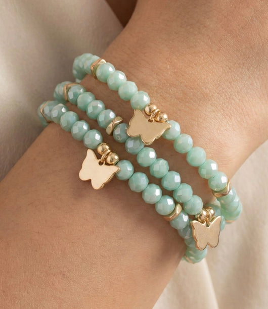 Teal Glass Beads w/Gold Butterfly Charm Set of 3 Stretch Bracelets
