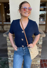 Navy Short Sleeve Knit Sweater Top w/Gold Starfish Snap Buttons