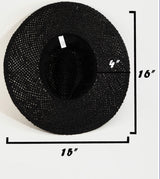 Black Flat Brim Straw Sunhat w/Feather Design Band & Adjustable Fit