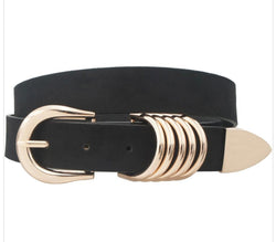 Black Faux Suede Belt w/Stacked Gold Buckle