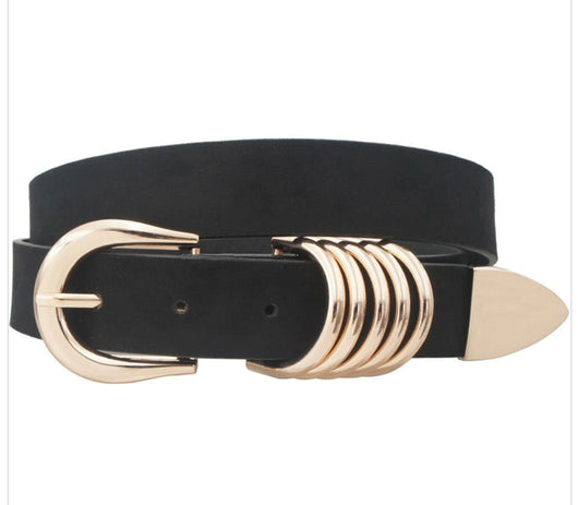 Black Faux Suede Belt w/Stacked Gold Buckle