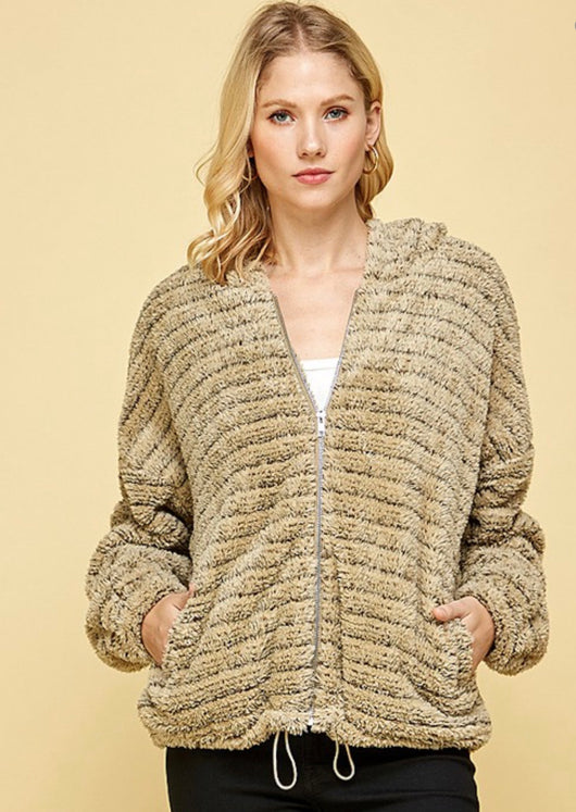 Teddy Soft Olive Tone Stripe Hoodie Zip Up Jacket w/Pockets