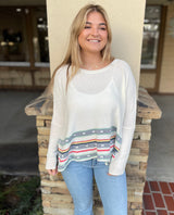 White, Mint & Raspberry Stripe Dolman Sleeve Scoop Neck Sweater Top