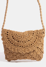 Tan Straw Flap Over Crossbody Purse w/Zipper Closure