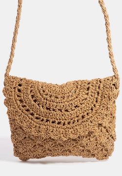 Tan Straw Flap Over Crossbody Purse w/Zipper Closure