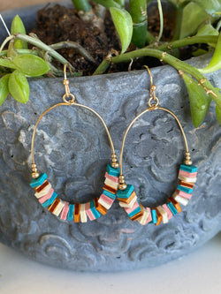 Turquoise & Natural Square Wood Beads & Gold Oval Fishhook Earrings