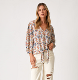 Boho Off White & Rust 3/4 Sleeve V-Neck Front Tie Top