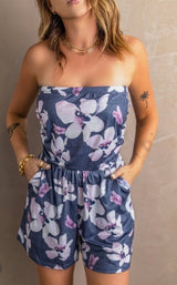 Indigo Tropical Flower Print Strapless Shorts Romper w/Pockets