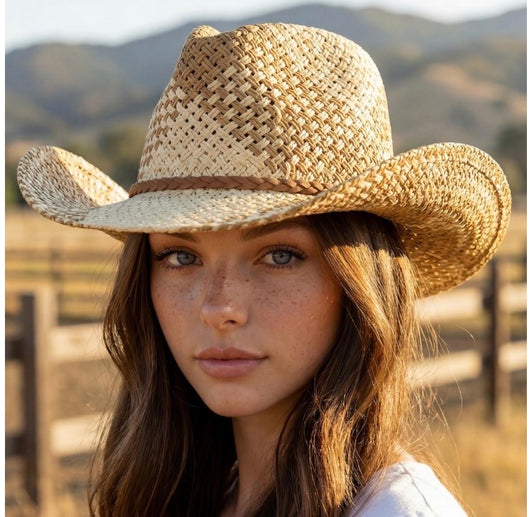 Two Tone Ivory & Tan Straw Braided Design Cowgirl Hat w/Adjustable Fit