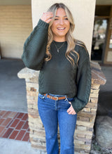 Hunter Green Cable Knit Crew Neck Pullover Sweater