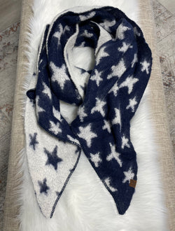 Navy & White Stars Reversible CC Brand Scarf w/Fringe