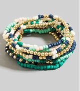Blue, Green & Gold Set of 10 Stretch Beaded Bracelets