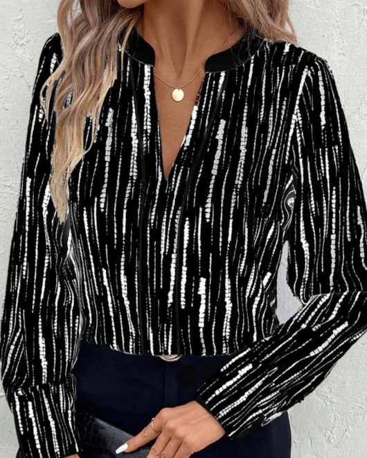 Black Boho Striped Long Sleeve Blouse