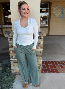 Sage Green Lounge Pants w/Elastic Waist and Pockets