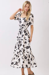 Ivory & Black Leaf Print Square Neckline Tiered Midi Dress w/Pockets