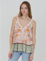 Cream & Pink Flower Print V-Neckline Tank w/Lace Trim and Side Ties