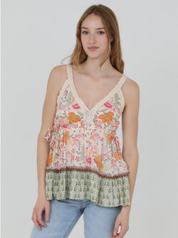 Cream & Pink Flower Print V-Neckline Tank w/Lace Trim and Side Ties