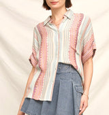 Catalina Blue, Red & Ivory Stripe Short Sleeve Button Down Collared Top