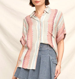 Catalina Blue, Red & Ivory Stripe Short Sleeve Button Down Collared Top