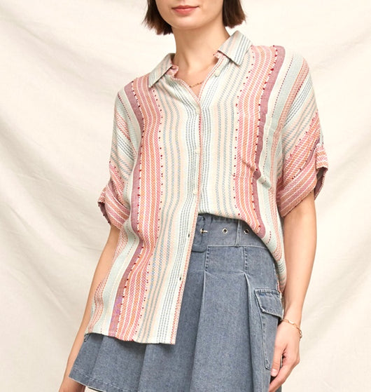 Catalina Blue, Red & Ivory Stripe Short Sleeve Button Down Collared Top