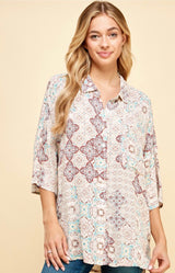 Seafoam & Berry Boho Print Button Down Top