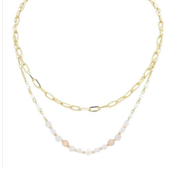 Gold Chain & Semi Precious Pink Stone 2 Layer Necklace