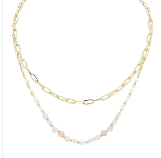 Gold Chain & Semi Precious Pink Stone 2 Layer Necklace