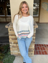 White, Mint & Raspberry Stripe Dolman Sleeve Scoop Neck Sweater Top