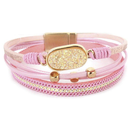 Pink Stone Layered Gold Magnetic Closure Cuff Bracelet