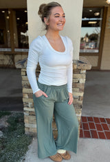 Sage Green Lounge Pants w/Elastic Waist and Pockets