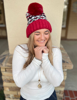 Red, White & Black Knit Cuff Beanie w/Pom Pom