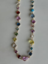 Colorful Glass Stones & Gold Long Chain Necklace w/Ruby Red Glass Stone Earring Set