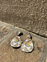 Flutter White Teardrop Post Earrings w/Yellow Butterfly Design