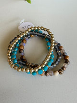 Turquoise, Natural & Gold Glass Beads Set of 4 Stretch Bracelet