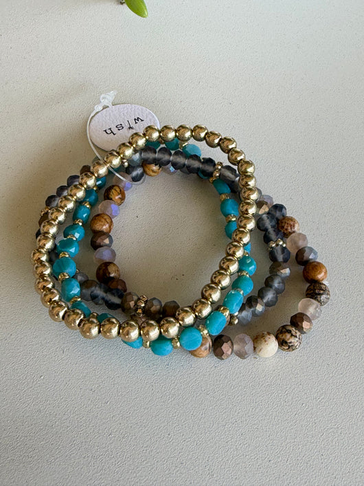 Turquoise, Natural & Gold Glass Beads Set of 4 Stretch Bracelet