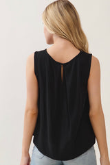 Black Flowy Round Neck Tank Top w/Keyhole Back Button
