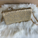 Sparkly Gold Rhinestone Crossbody Purse w/Gold Chain & Leather Strap and Removable Short Strap