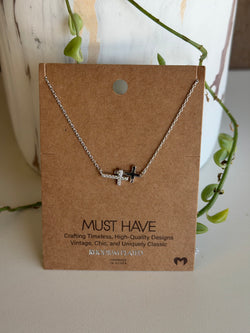 Sideways Double Crosses Rhodium Plated Silver Necklace