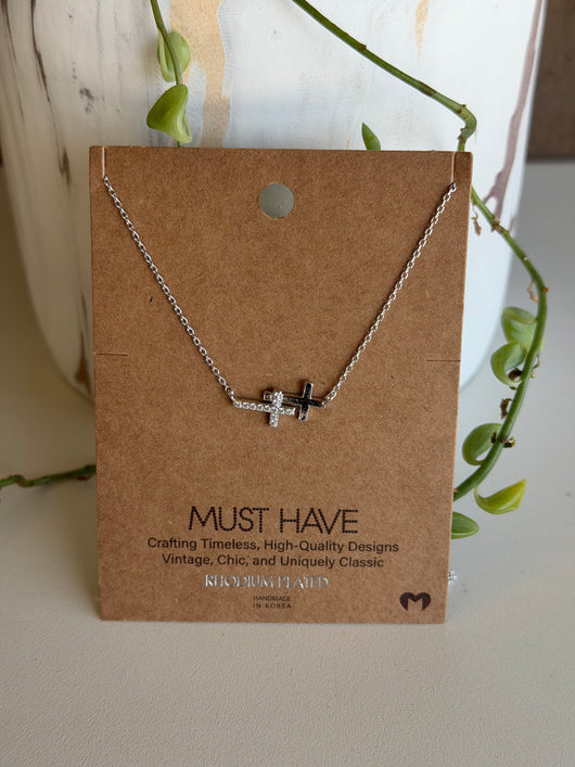 Sideways Double Crosses Rhodium Plated Silver Necklace