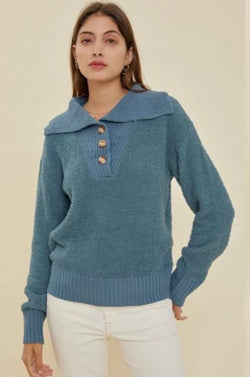 Teal Pullover Sweater w/Fold Over Collar & Buttons