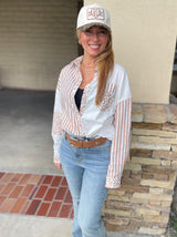 Khaki Leopard & Stripe Patchwork Long Sleeve Button Down Top w/Front Pocket