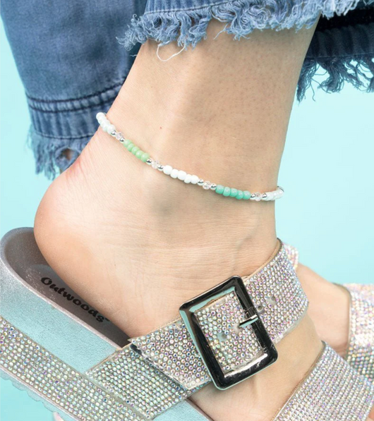 Mint, White & Silver Beaded Anklet