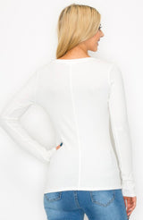 White Ribbed Scoop Neck Long Sleeve Top