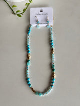 Aqua Blue & Gold Glass Beads and Stones Necklace & Earring Set