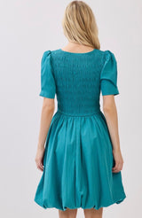 Indy Teal Smocked Bodice Puff Hemline Dress w/Pockets