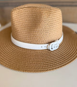 Tan Straw Sunhat w/White Faux GG Band and Adjustable Fit