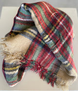 Red, Cream & Green Plaid Soft Scarf w/Frayed Edge