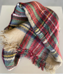Red, Cream & Green Plaid Soft Scarf w/Frayed Edge