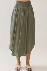 Sage Green Midi Skirt w/Smocked Waistband, Pockets and Round Hem